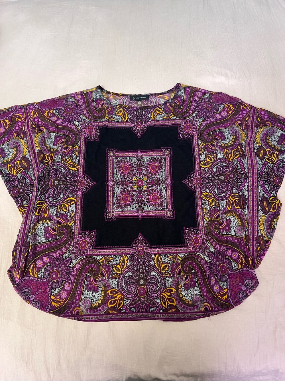 INC International Concepts Purple Paisley Poncho/cover up with Black Center